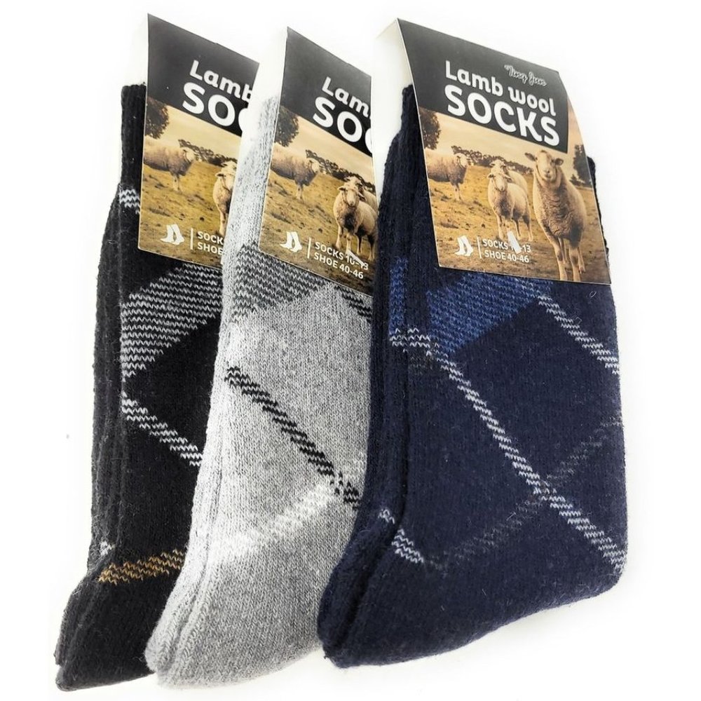 Men's Lamb Wool Crew Socks, Warm Winter Heavy Duty Boot, Lines Patterns, 3 Pairs - Picture 1 of 3